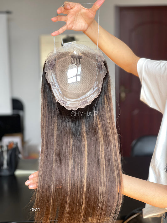 Warm Brown Straight Human Hair Mini Wig with Fine Highlights - color, texture, blending, or base detail — alternate view