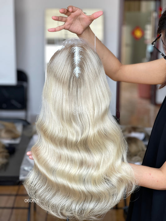 Pale Golden Blonde Wavy Human Hair Mini Wig - featured color and texture view