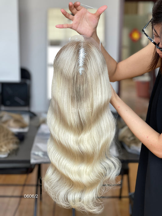 Pale Golden Blonde Wavy Human Hair Mini Wig - color, texture, blending, or base detail — alternate view