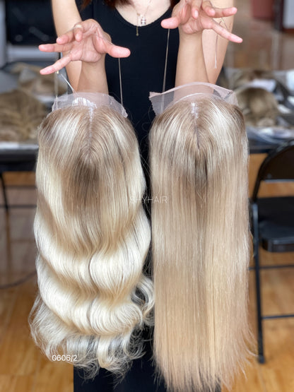 Pale Golden Blonde Wavy Human Hair Mini Wig - color, texture, blending, or base detail
