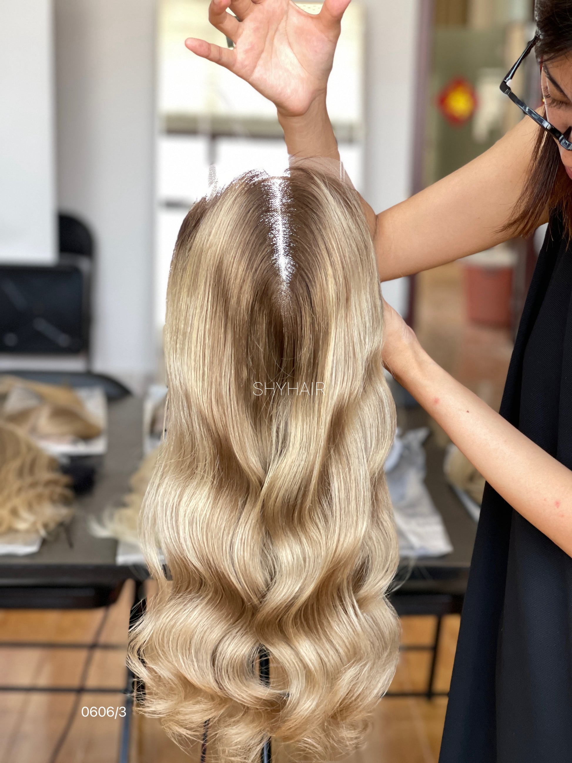 Warm Dark-Root Blonde Wavy Human Hair Mini Wig - color, texture, blending, or base detail