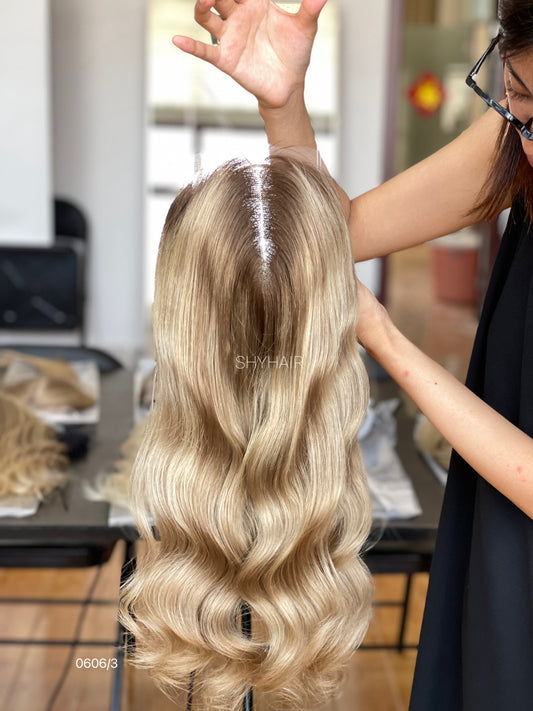 Warm Dark-Root Blonde Wavy Human Hair Mini Wig - color, texture, blending, or base detail — alternate view