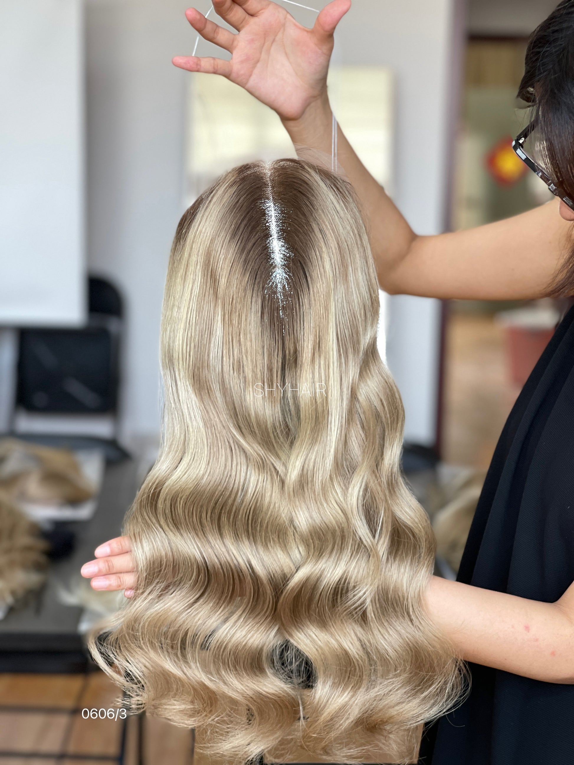 Warm Dark-Root Blonde Wavy Human Hair Mini Wig - featured color and texture view