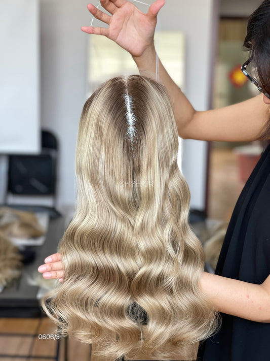 Warm Dark-Root Blonde Wavy Human Hair Mini Wig - featured color and texture view