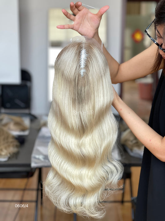 Pearl Ash Blonde Medium-Wave Human Hair Mini Wig - color, texture, blending, or base detail — alternate view