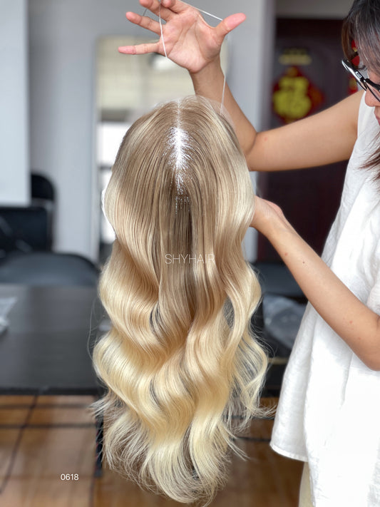 Golden Beige Root-Melt Long-Wave Human Hair Mini Wig - featured color and texture view