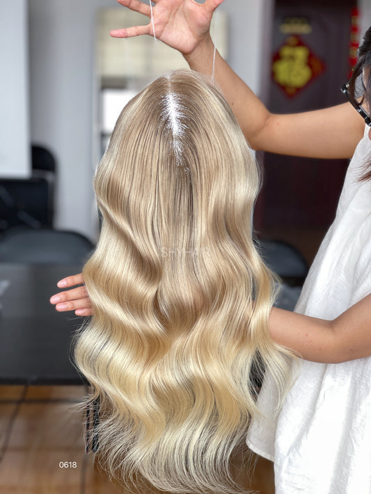 Golden Beige Root-Melt Long-Wave Human Hair Mini Wig - color, texture, blending, or base detail — alternate view