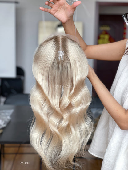 Icy Ash Blonde Long Soft-Wave Human Hair Mini Wig - featured color and texture view