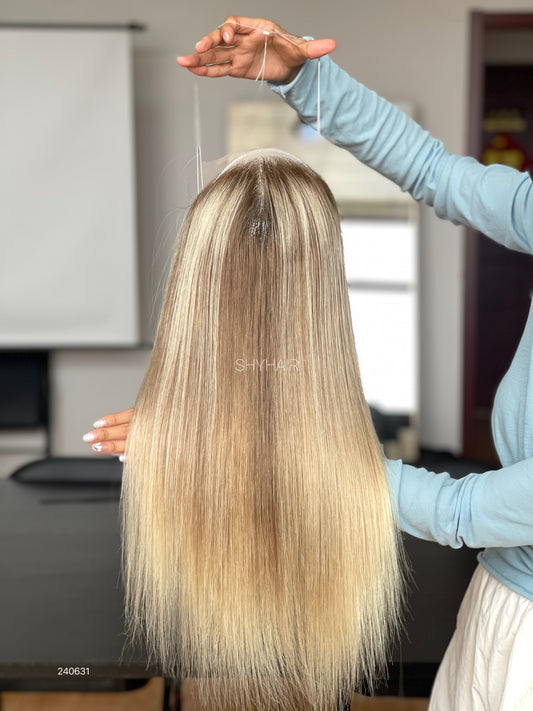 Rooted Golden Beige Blonde Straight Human Hair Mini Wig - featured color and texture view