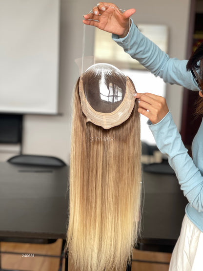 Rooted Golden Beige Blonde Straight Human Hair Mini Wig - color, texture, blending, or base detail