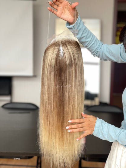 Rooted Golden Beige Blonde Straight Human Hair Mini Wig - color, texture, blending, or base detail