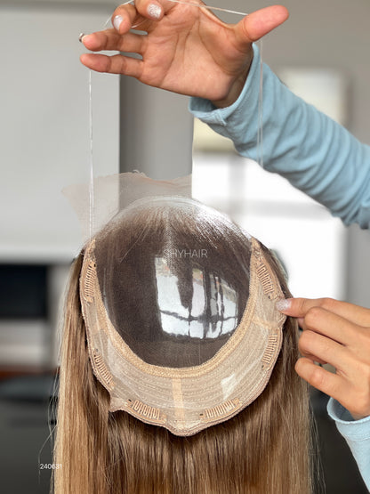 Rooted Golden Beige Blonde Straight Human Hair Mini Wig - color, texture, blending, or base detail