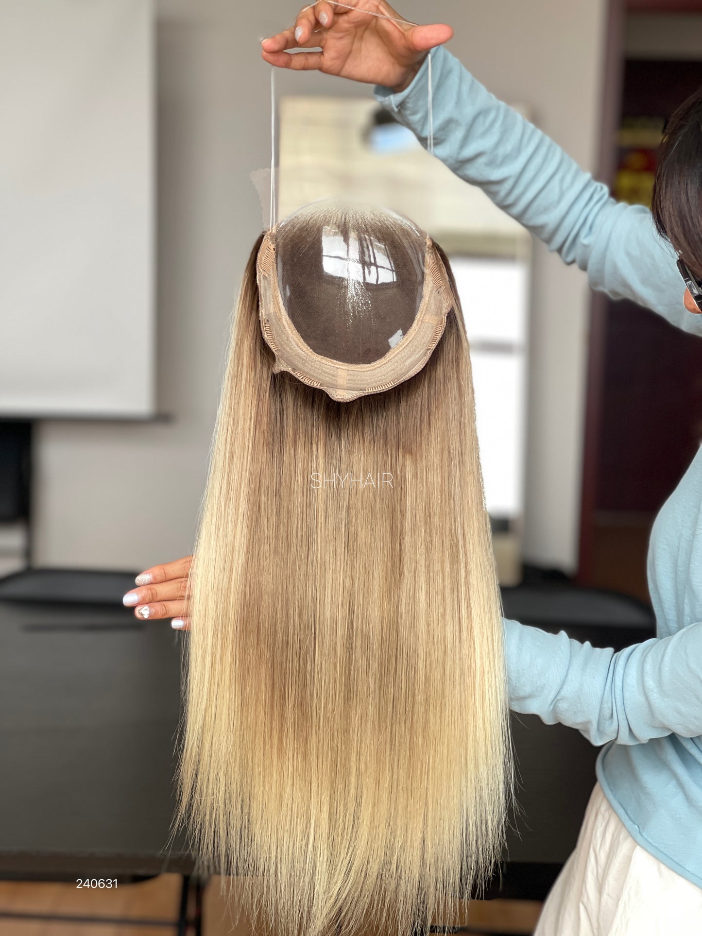 Rooted Golden Beige Blonde Straight Human Hair Mini Wig - base and construction detail