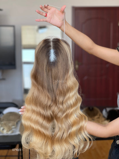 Dark-Root Golden Beige Blonde Long Wavy Human Hair Mini Wig - color, texture, blending, or base detail