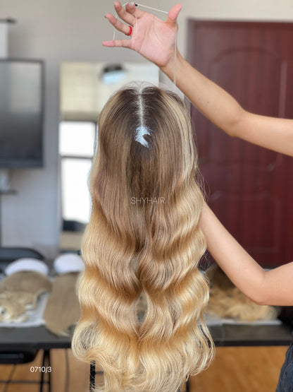Dark-Root Golden Beige Blonde Long Wavy Human Hair Mini Wig - color, texture, blending, or base detail