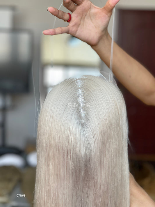 Pearl Platinum Blonde Long Straight Human Hair Mini Wig - color, texture, blending, or base detail — alternate view