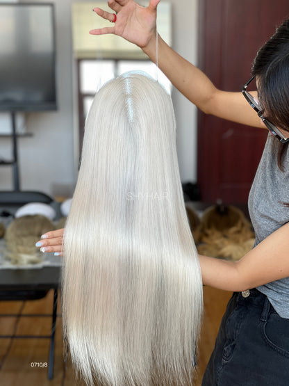 Pearl Platinum Blonde Long Straight Human Hair Mini Wig - color, texture, blending, or base detail