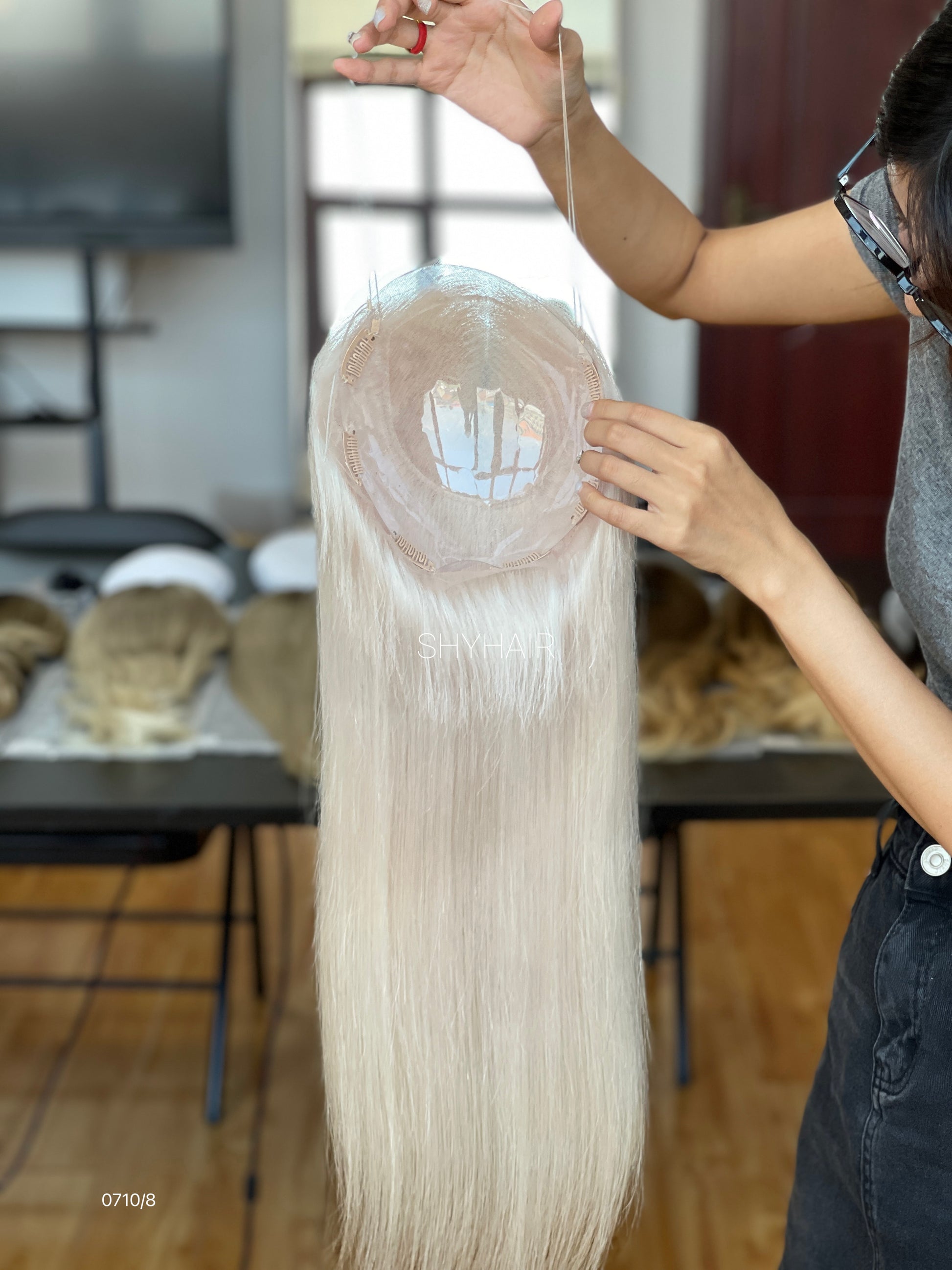 Pearl Platinum Blonde Long Straight Human Hair Mini Wig - color, texture, blending, or base detail