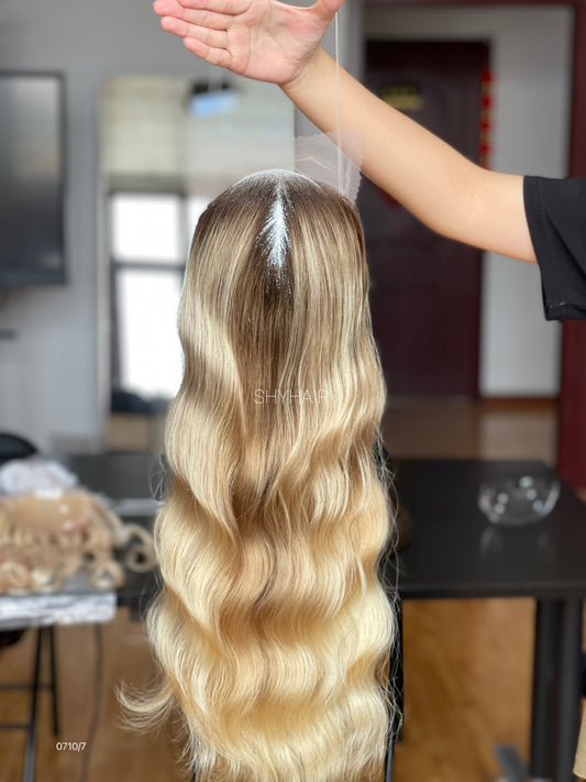 Rooted Golden Blonde Wavy Human Hair Mini Wig - featured color and texture view