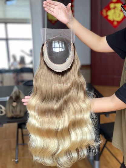 Rooted Golden Blonde Wavy Human Hair Mini Wig - base and construction detail