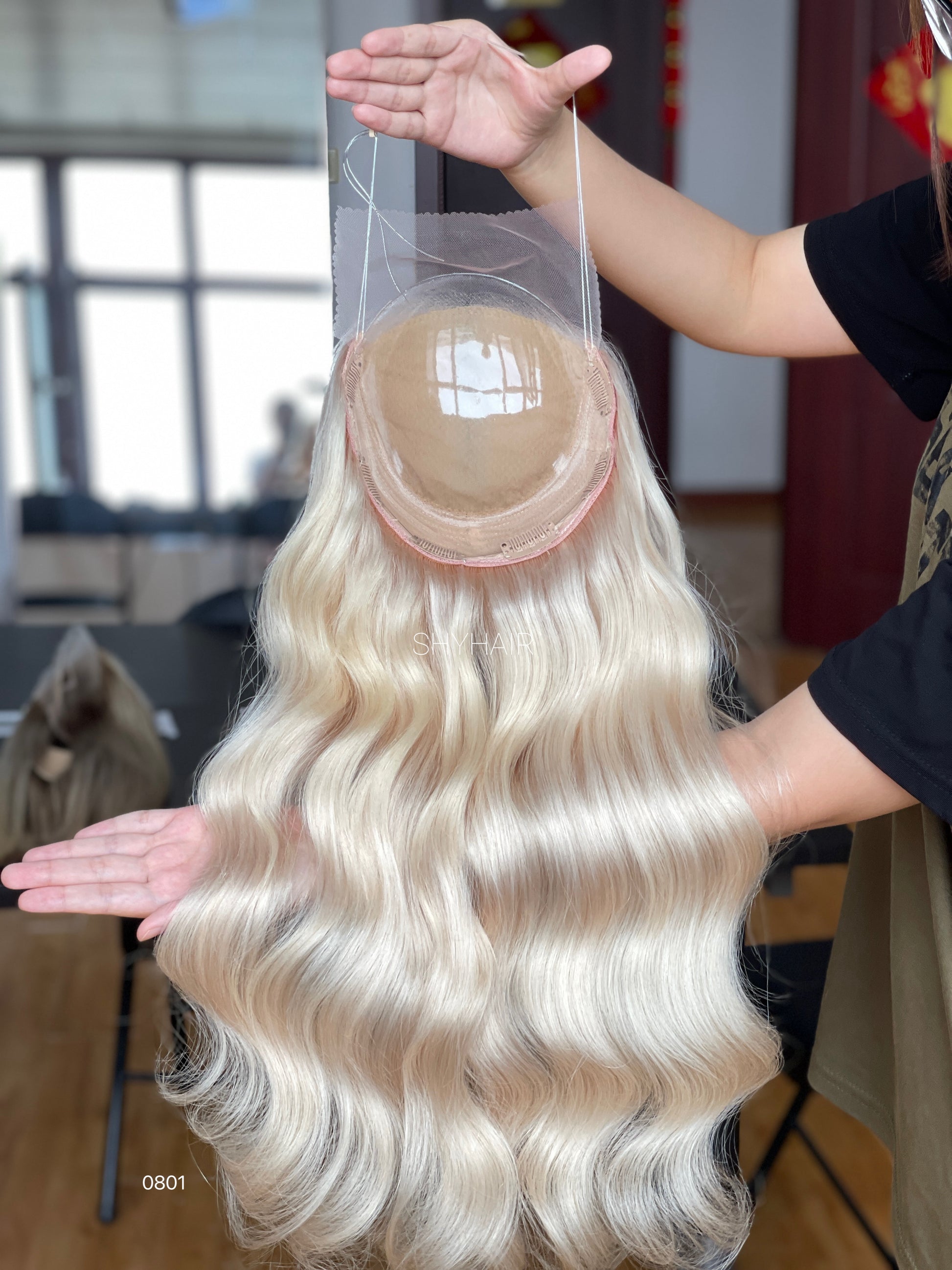 Pale Champagne Blonde Wavy Human Hair Mini Wig - base and construction detail
