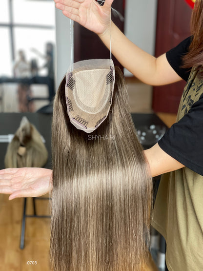Ash Brown Straight Human Hair Mini Wig - color, texture, blending, or base detail