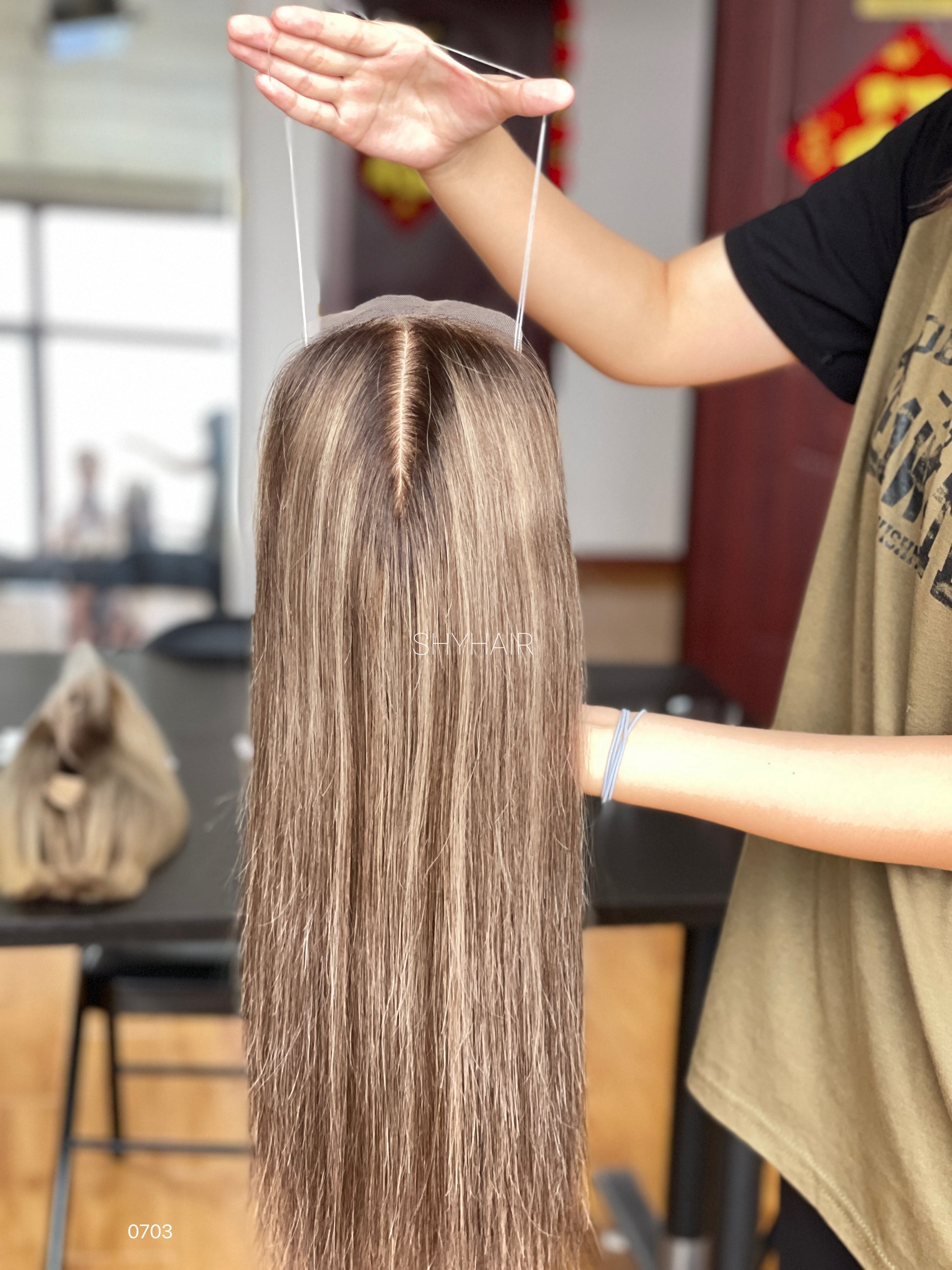 Ash Brown Straight Human Hair Mini Wig - color, texture, blending, or base detail