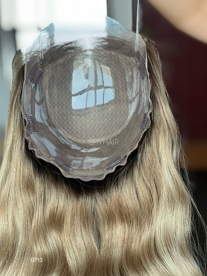 Dark-Root Beige Blonde Long Wavy Human Hair Mini Wig - color, texture, blending, or base detail