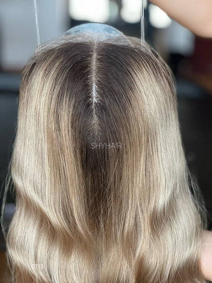 Dark-Root Beige Blonde Long Wavy Human Hair Mini Wig - base and construction detail