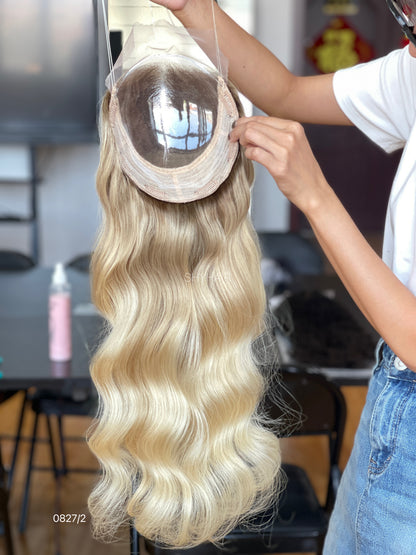 Rooted Pale Blonde Wavy Human Hair Mini Wig - color, texture, blending, or base detail