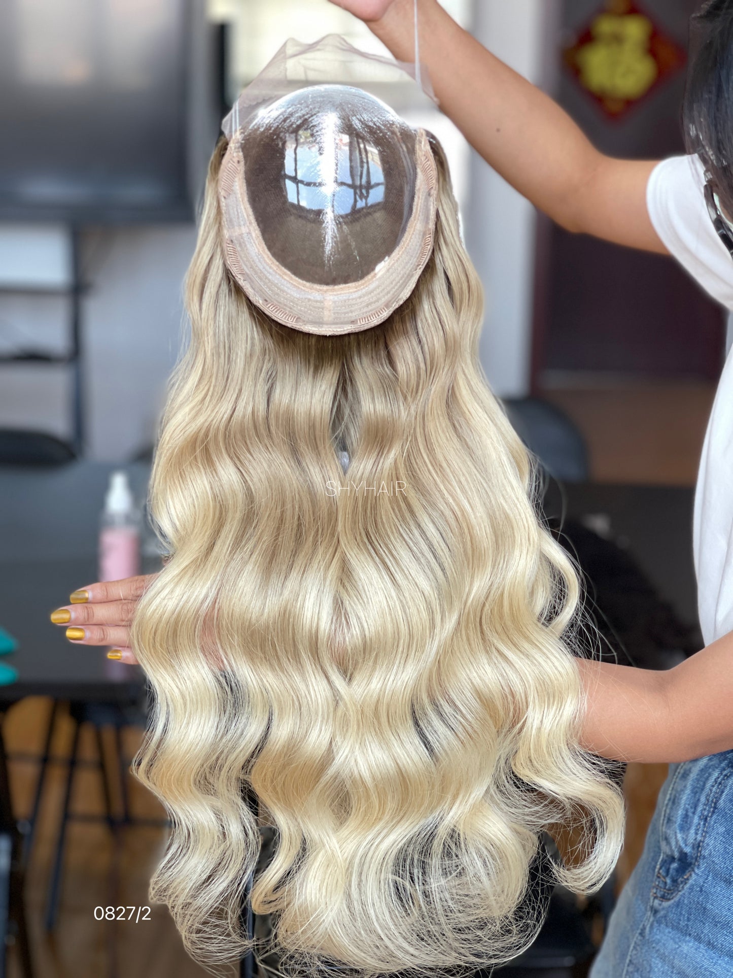Rooted Pale Blonde Wavy Human Hair Mini Wig - base and construction detail