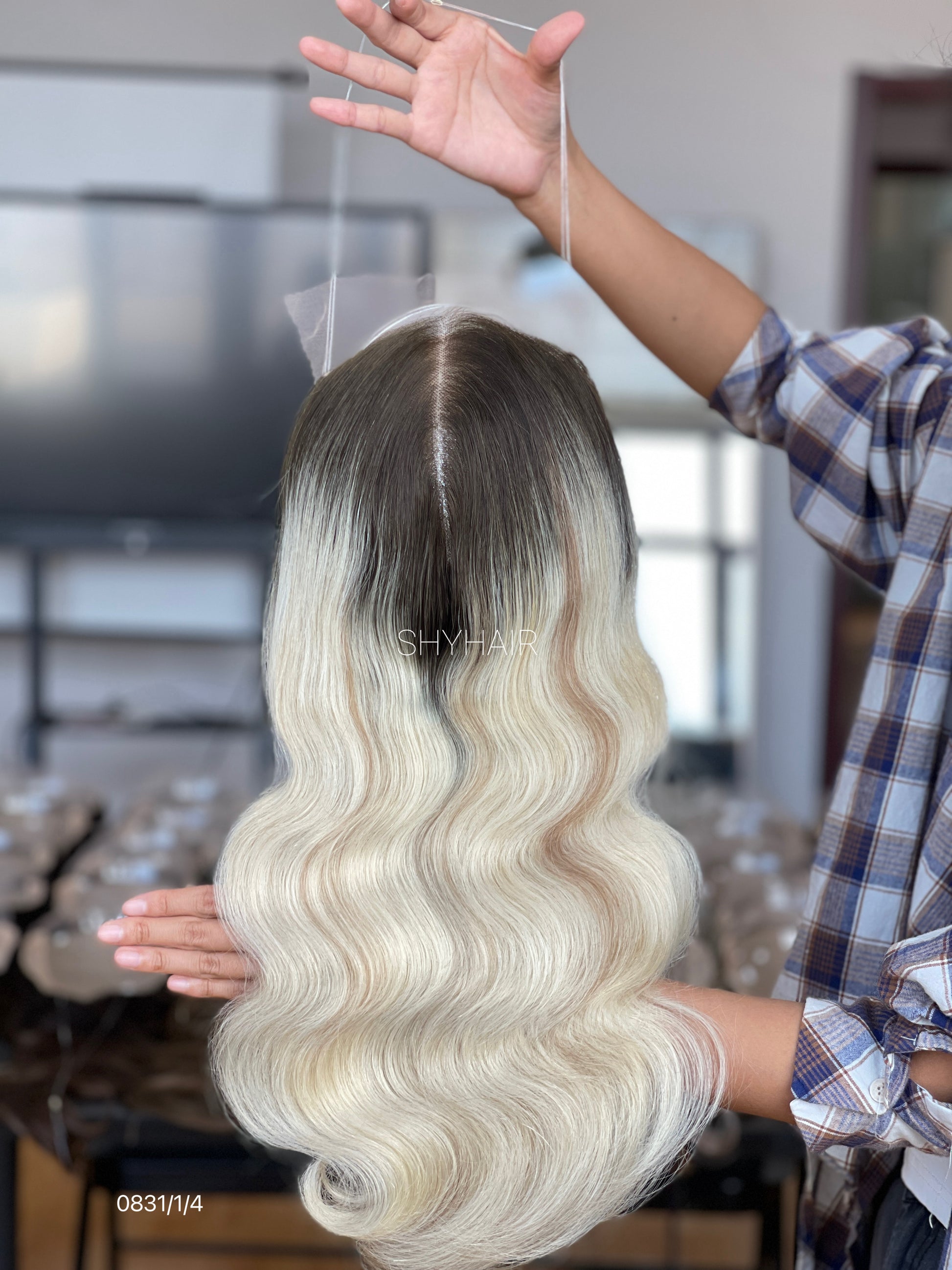 Black-Root Platinum Blonde Wavy Human Hair Mini Wig - featured color and texture view