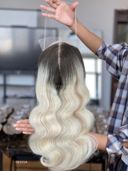 Black-Root Platinum Blonde Wavy Human Hair Mini Wig - featured color and texture view