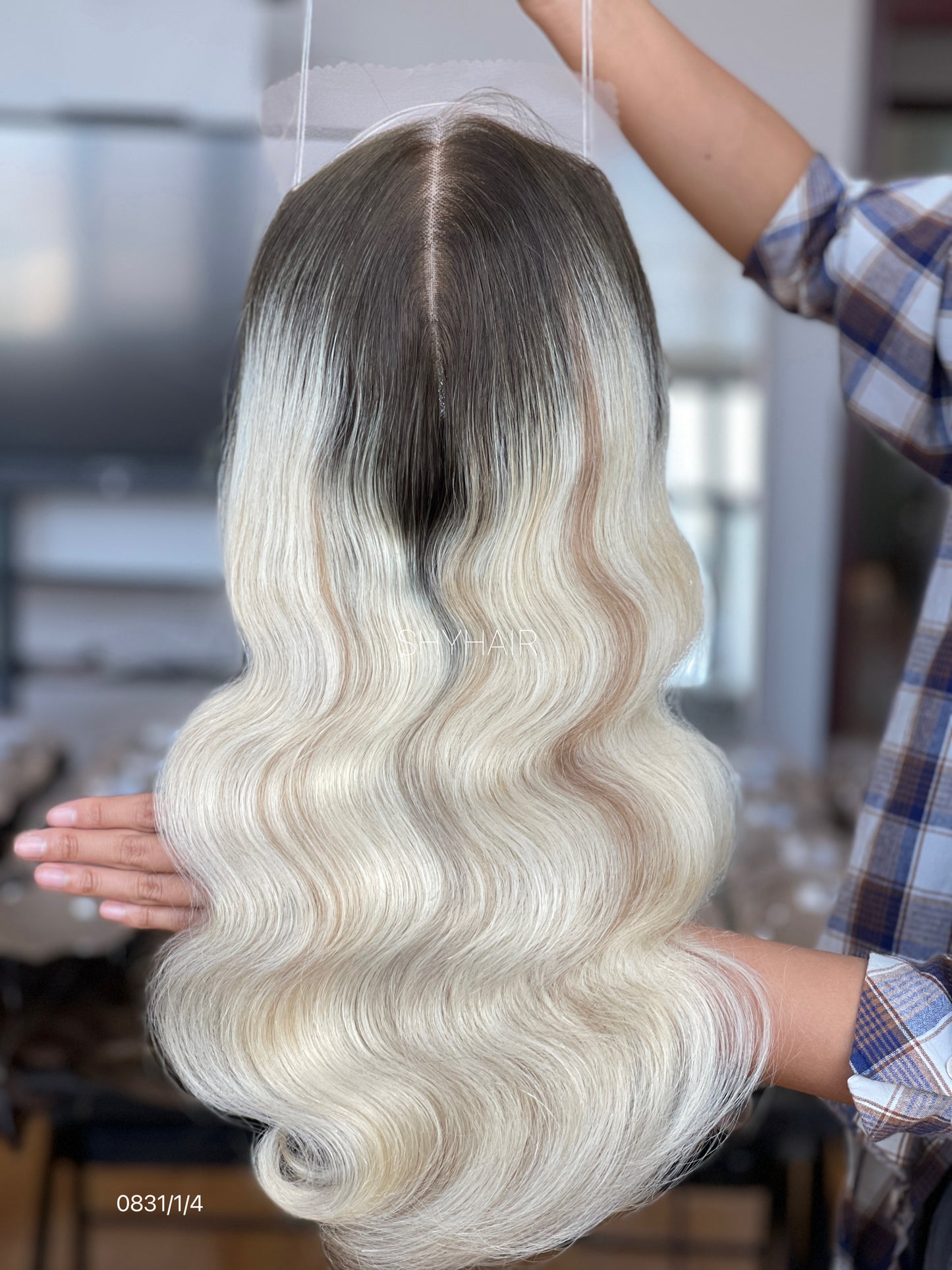 Black-Root Platinum Blonde Wavy Human Hair Mini Wig - color, texture, blending, or base detail