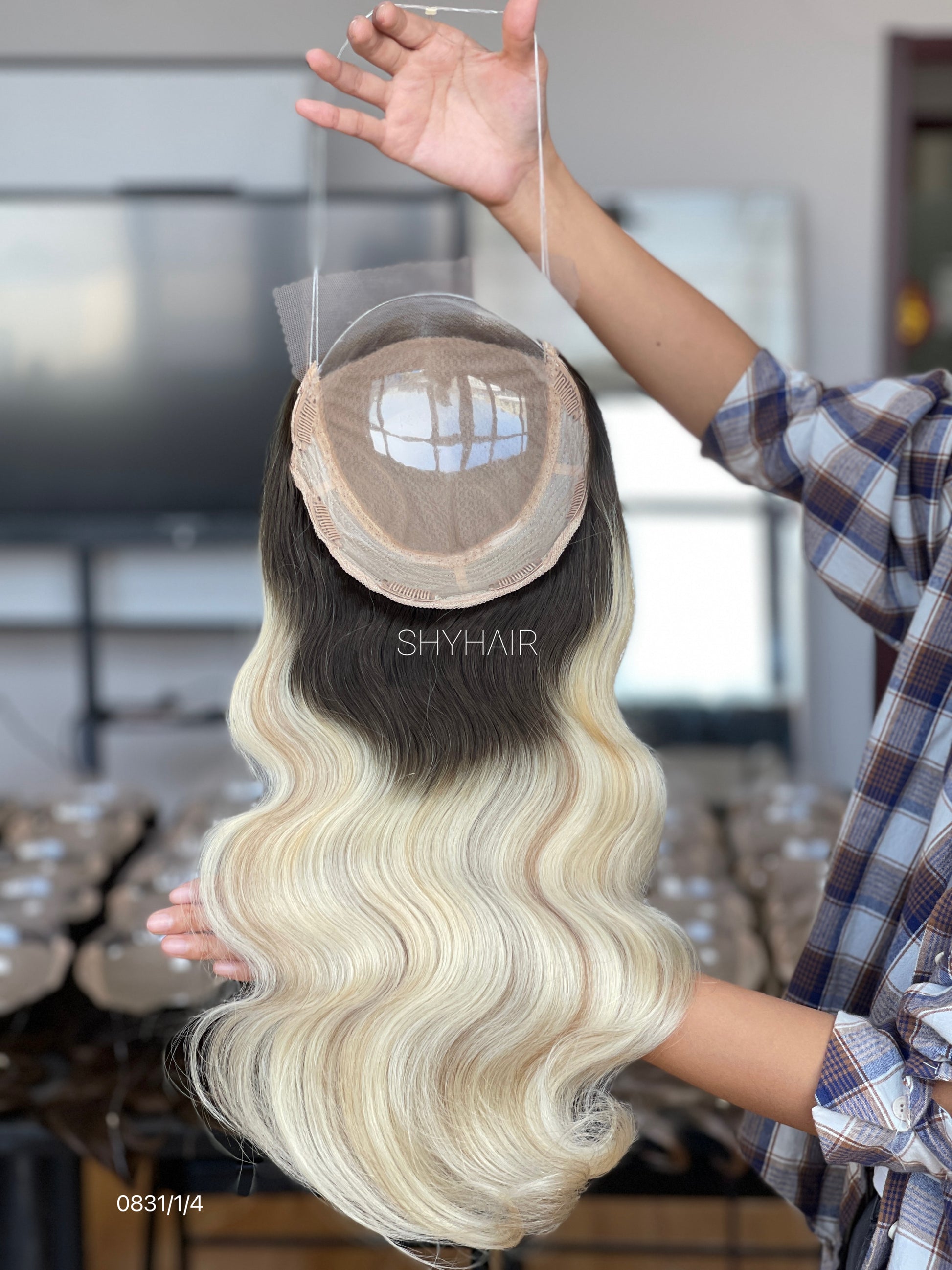 Black-Root Platinum Blonde Wavy Human Hair Mini Wig - color, texture, blending, or base detail