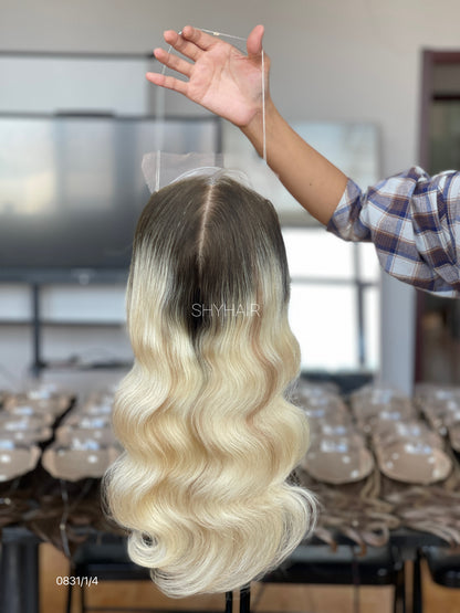Black-Root Platinum Blonde Wavy Human Hair Mini Wig - color, texture, blending, or base detail