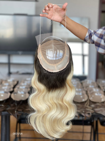 Black-Root Platinum Blonde Wavy Human Hair Mini Wig - base and construction detail
