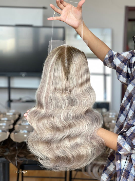 Silver Ash Blonde Wavy Human Hair Mini Wig - featured color and texture view