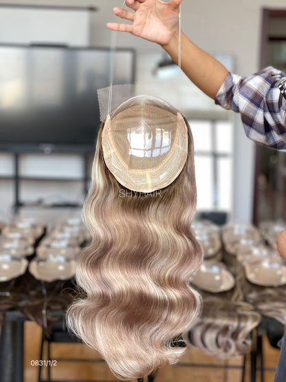 Silver Ash Blonde Wavy Human Hair Mini Wig - color, texture, blending, or base detail