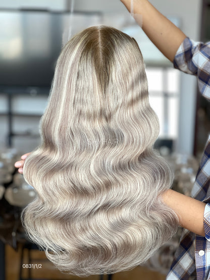 Silver Ash Blonde Wavy Human Hair Mini Wig - color, texture, blending, or base detail