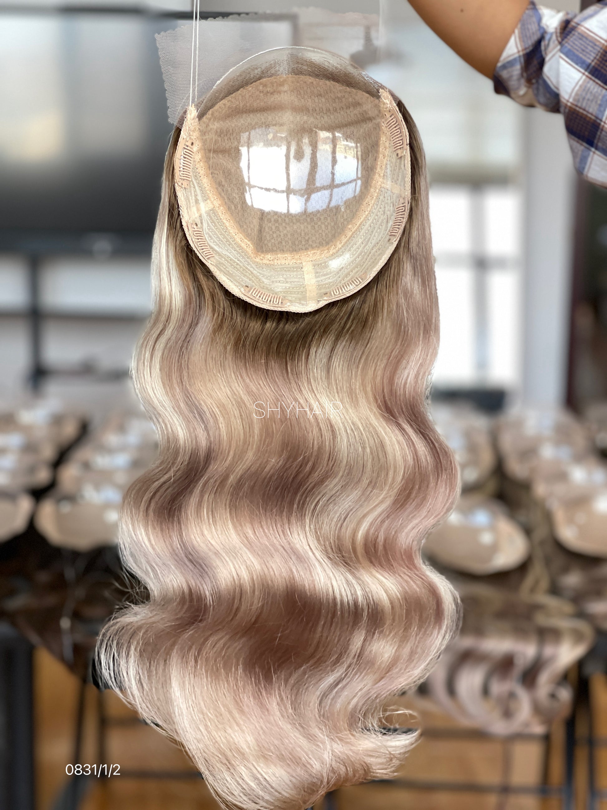 Silver Ash Blonde Wavy Human Hair Mini Wig - color, texture, blending, or base detail