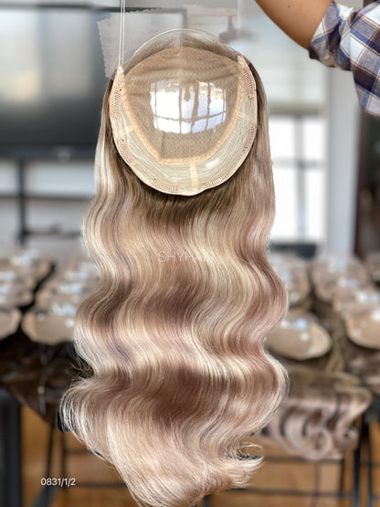 Silver Ash Blonde Wavy Human Hair Mini Wig - color, texture, blending, or base detail