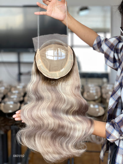 Silver Ash Blonde Wavy Human Hair Mini Wig - color, texture, blending, or base detail