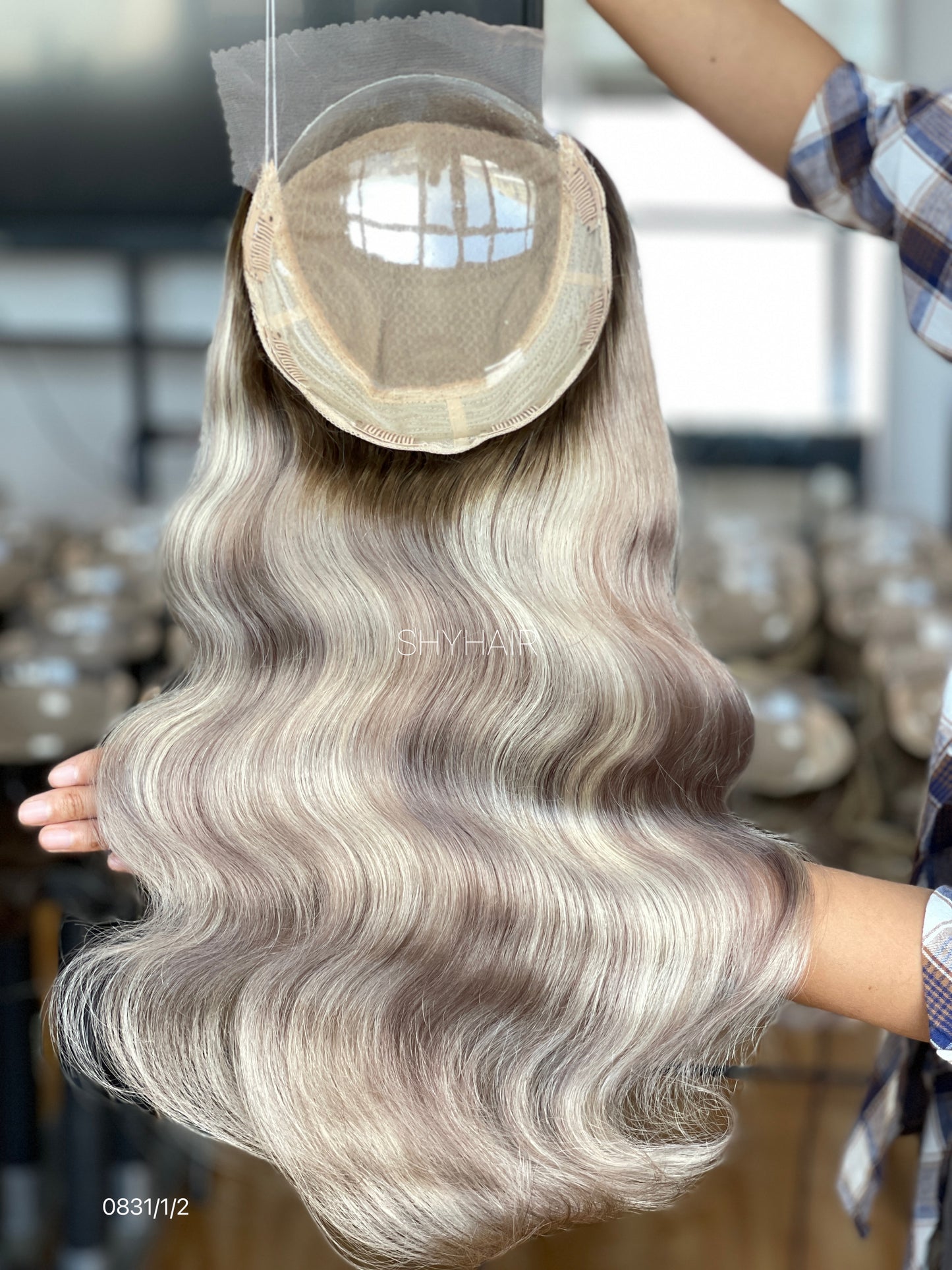 Silver Ash Blonde Wavy Human Hair Mini Wig - color, texture, blending, or base detail