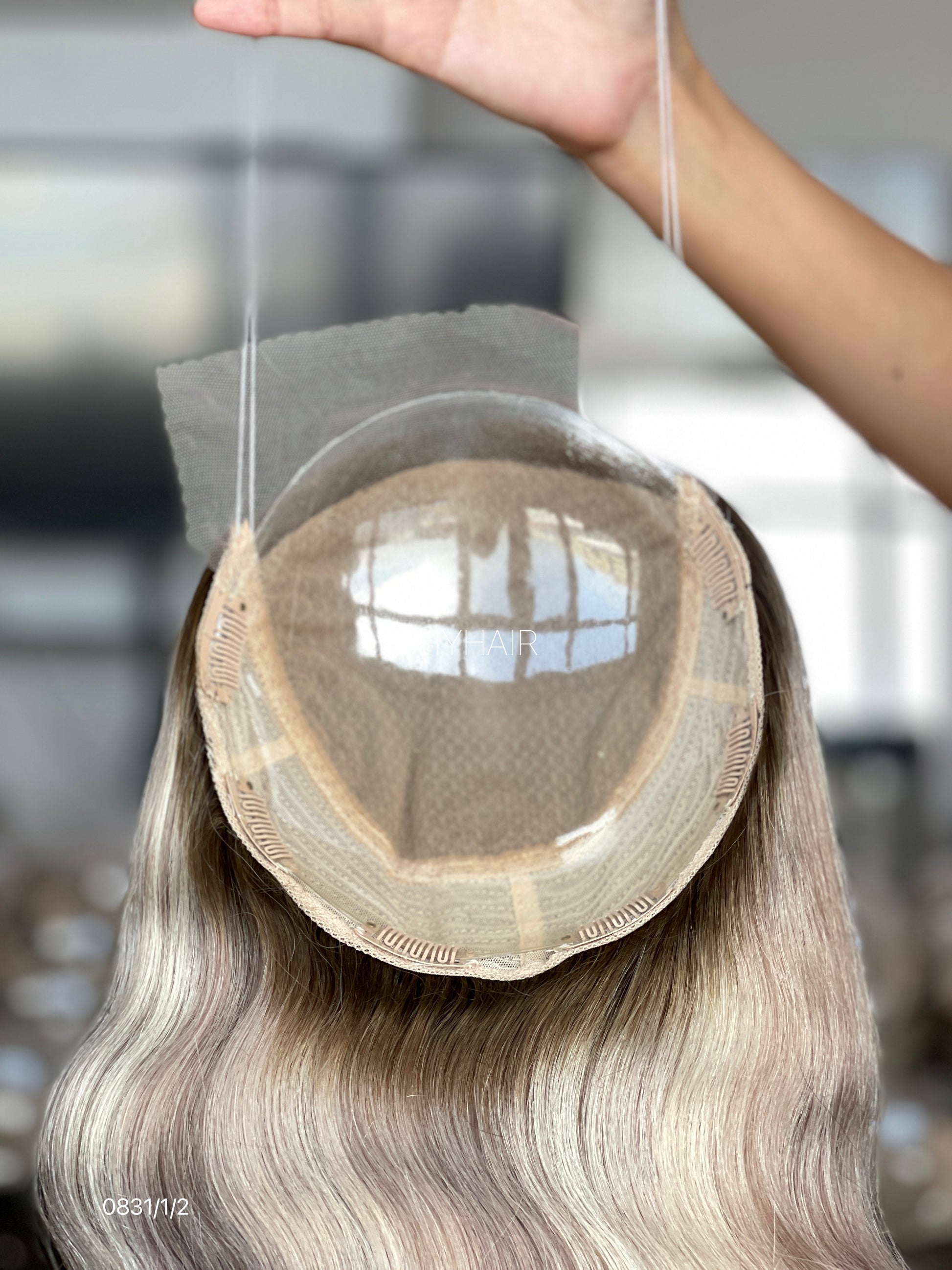 Silver Ash Blonde Wavy Human Hair Mini Wig - base and construction detail