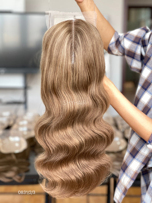 Warm Caramel Brown Wavy Human Hair Mini Wig - color, texture, blending, or base detail — alternate view