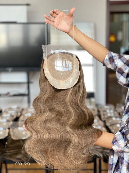 Warm Caramel Brown Wavy Human Hair Mini Wig - color, texture, blending, or base detail