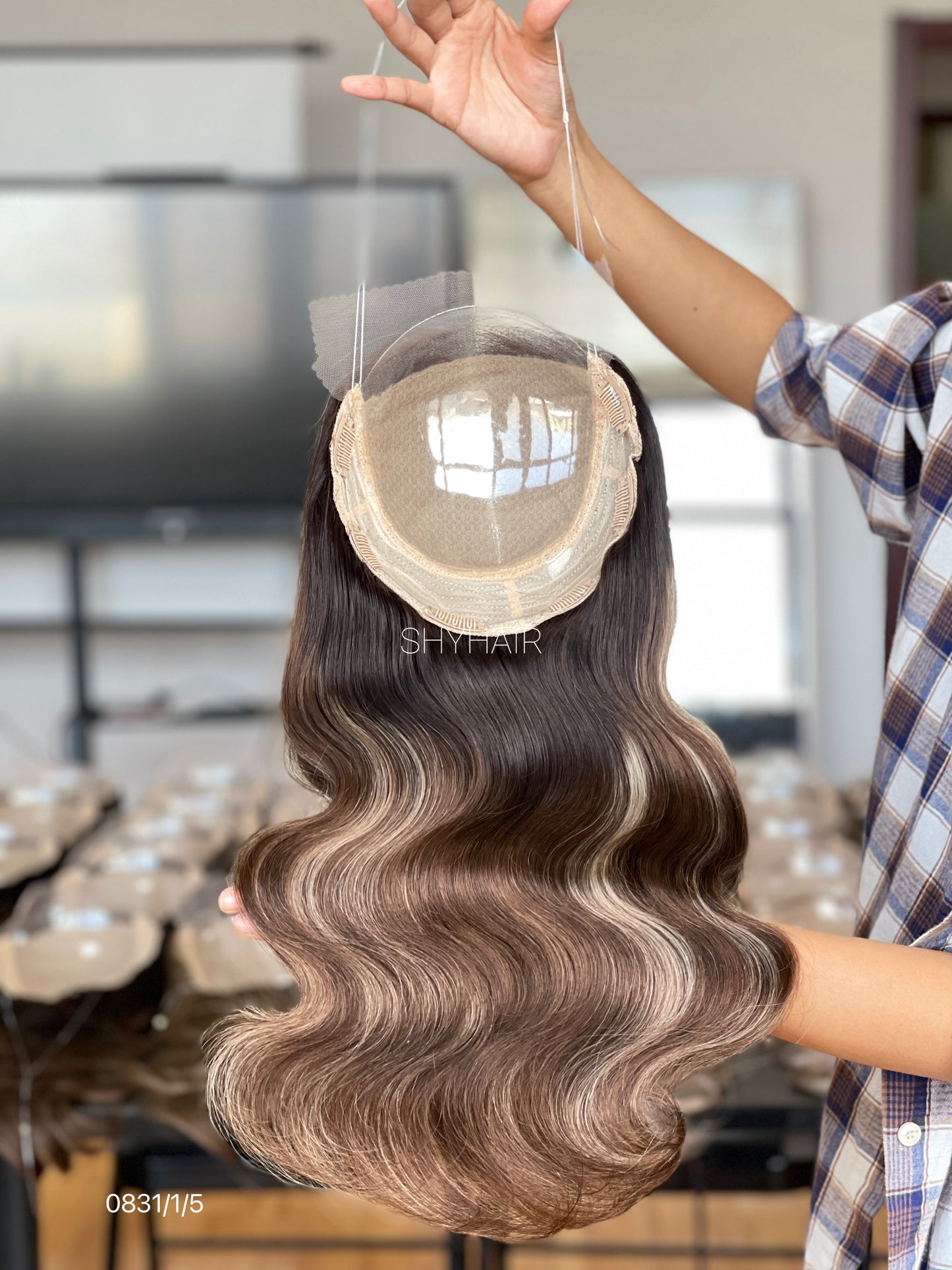 Highlighted Chestnut Brown Wavy Human Hair Mini Wig - color, texture, blending, or base detail