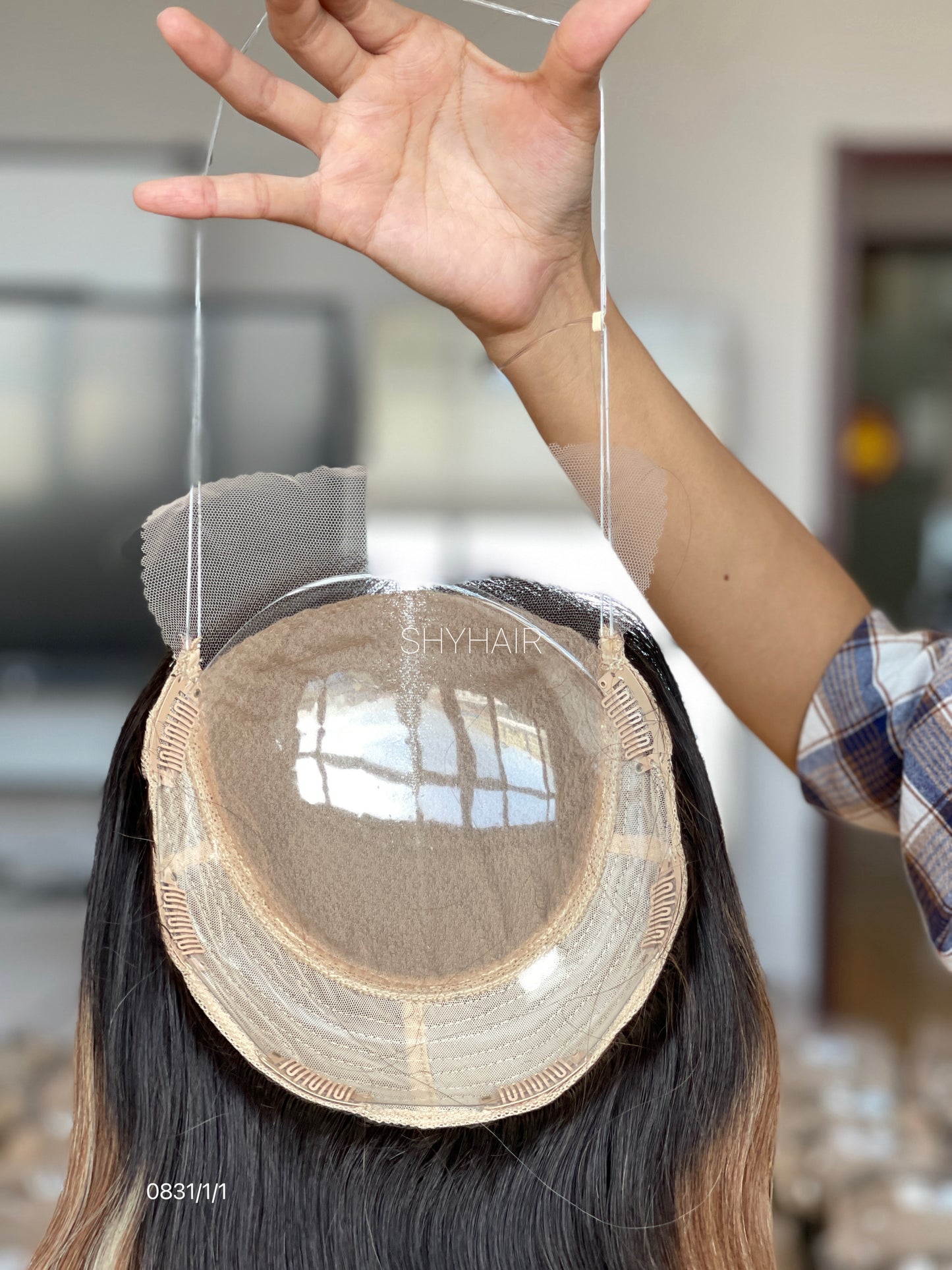 Highlighted Chestnut Brown Wavy Human Hair Mini Wig - color, texture, blending, or base detail