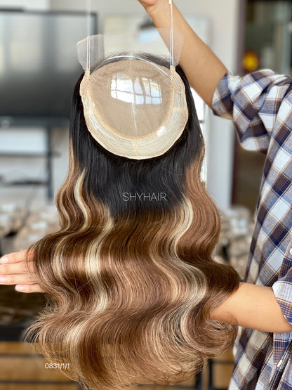 Highlighted Chestnut Brown Wavy Human Hair Mini Wig - base and construction detail